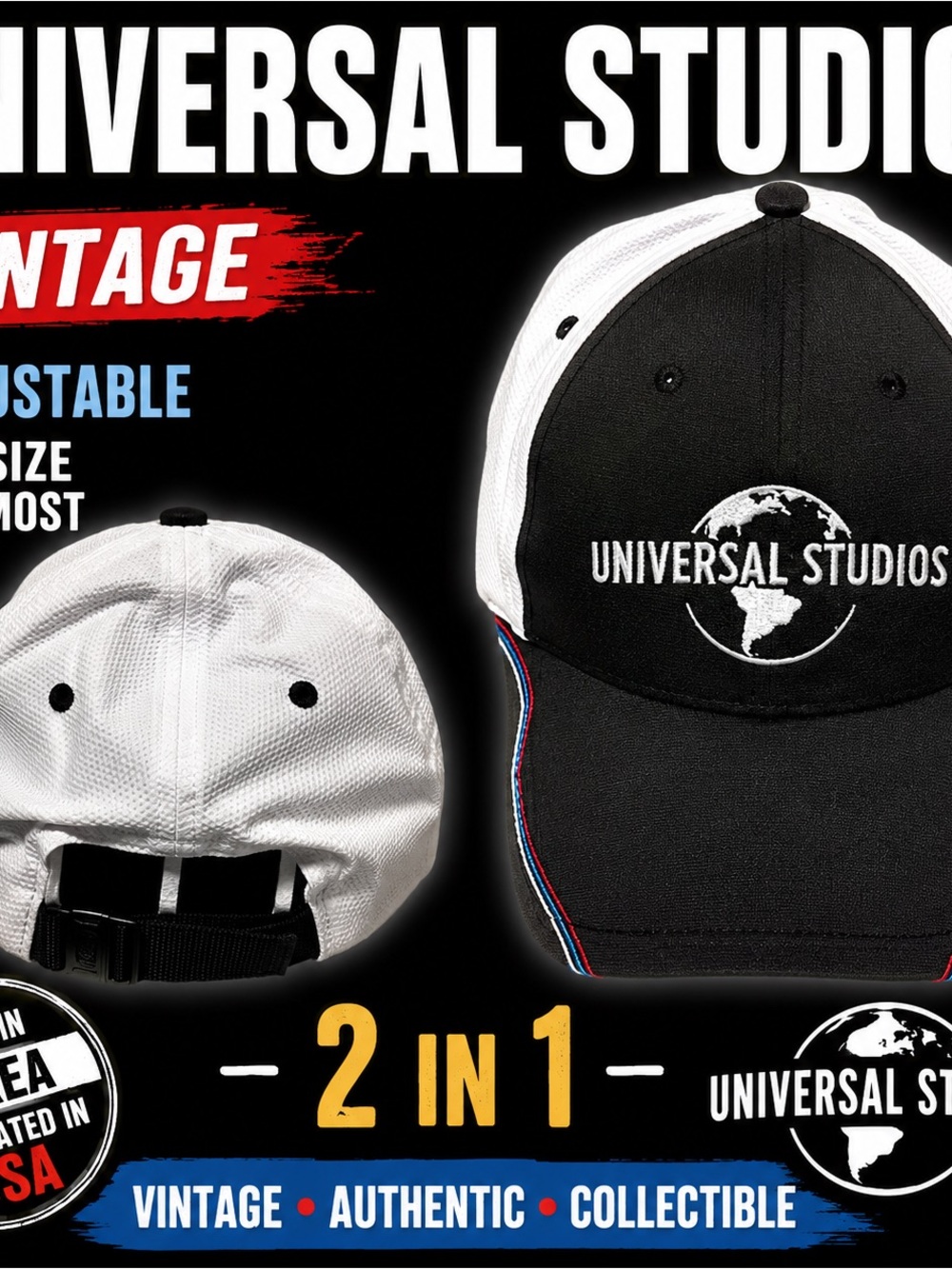 Vintage Universal Black and White Universal Studios Baseball Cap